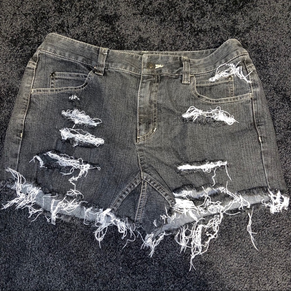 Ripped dark wash jean shorts